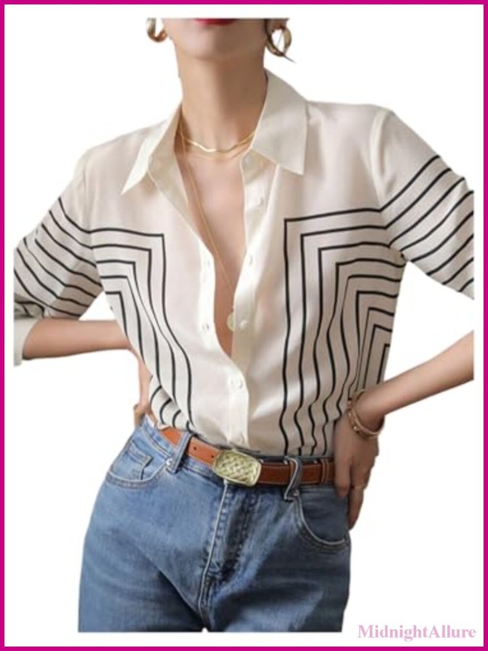 Women's Striped Button Down Shirt Long Sleeve V-Neck Casual Blouse Work Top